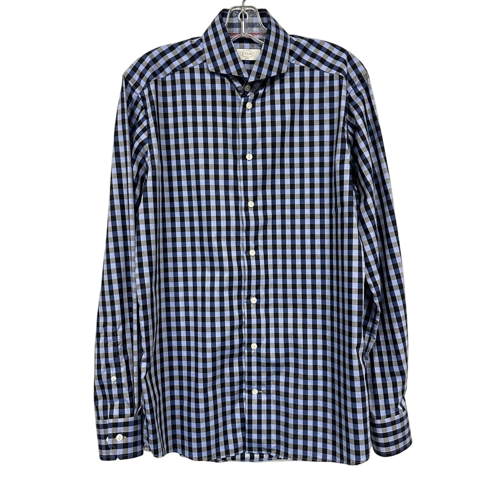 Eton cotton check shirt Mens button up long sleeve Size 15.5 Slim tapered